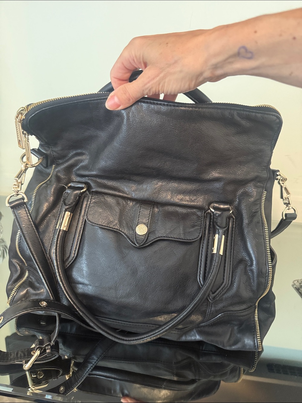 Rebecca Minkoff Black Leather Fold-Over Satchel with Gold Hardware - Picture 6 of 10